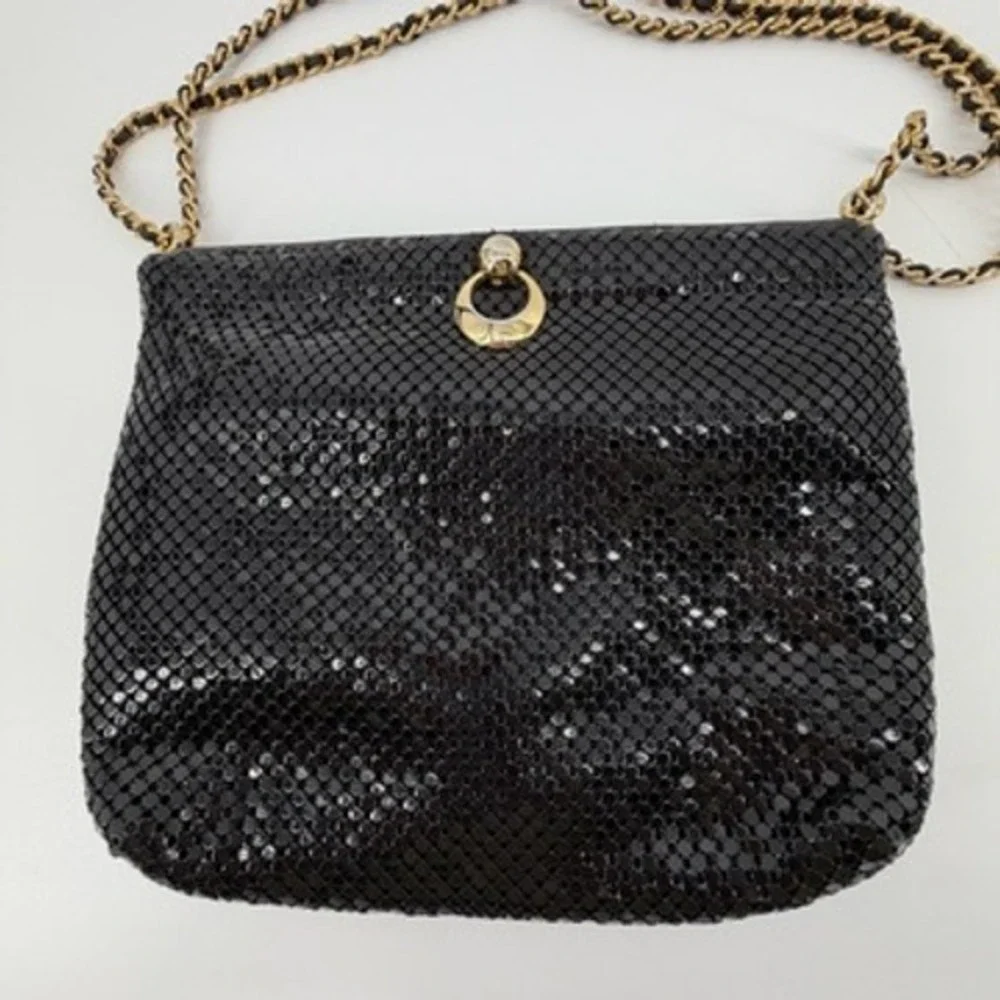 Whiting and‎ Davis Black Mesh Evening Shoulder Bag Gold Chain Clasp